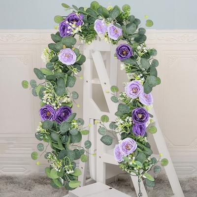 Artificial Eucalyptus Flower Garland with Rose Faux Floral Greenery Garland Fake Rose Flower Vine for Wedding Party Centerpiece Table Runner Wall