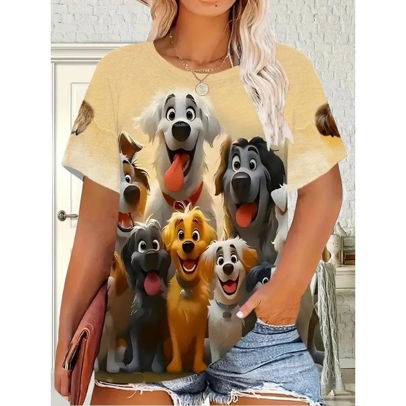 Summer Round Neck 3D Cute Dog Pattern Print Top Fashionable Casual Short Sleeved Women's T-shirts