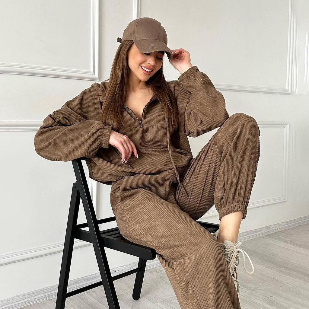 Women Solid Color Long Sleeve Hooded Hoodies Suit Autumn Winter Loose Top Wide Leg Pants