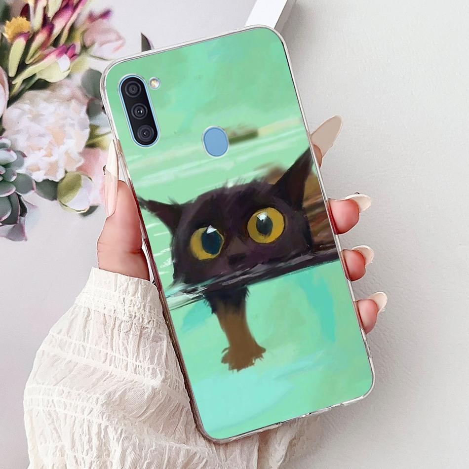 For Samsung Galaxy A11 M11 Phone Case Samsung A11 M11 A115F M115F Elegant Floral Cat Painted Soft Silicone Transparent TPU Cases
