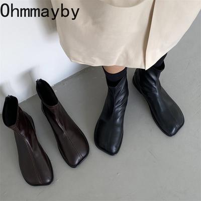 Ankle Boots For Women 2022 Autumn Ladies Casual Flats Heels Short Boots Woman Zipper Designer Square Fashion Shoes