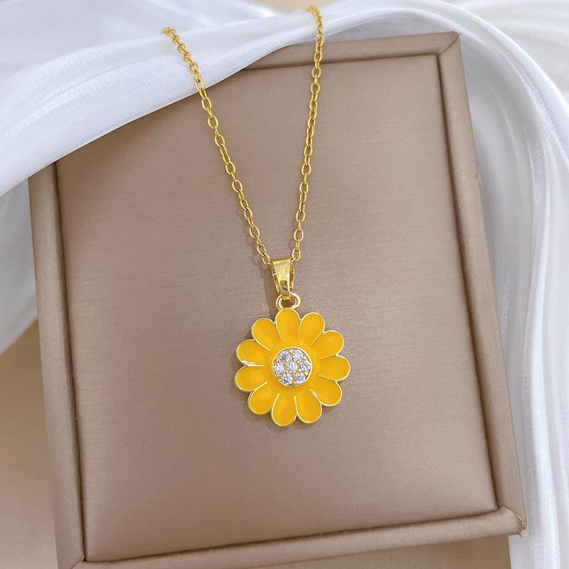Oil Dripping Sunflower Set Light Luxury Temperament Gorgeous Full Diamond Necklace Female Versatile Collarbone Titanium Steel Chain