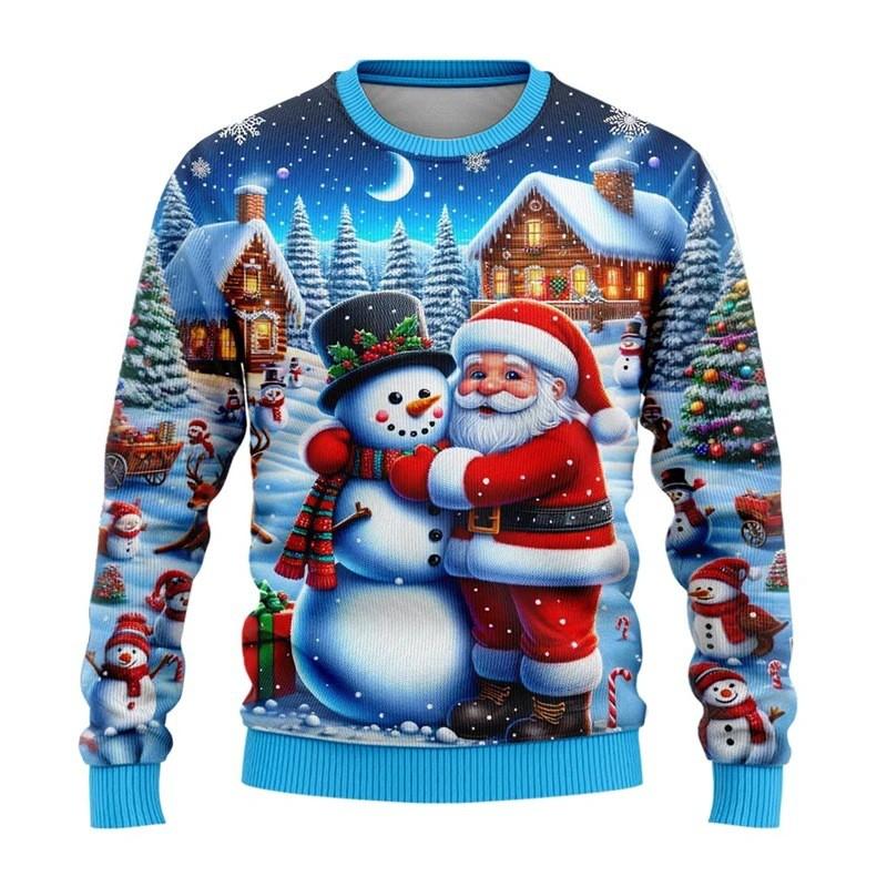 Unisex Christmas Sweatshirt With 3D Snowman Santa Print Hooded Long Sleeve Cotton Pullover Holiday Casual Wear