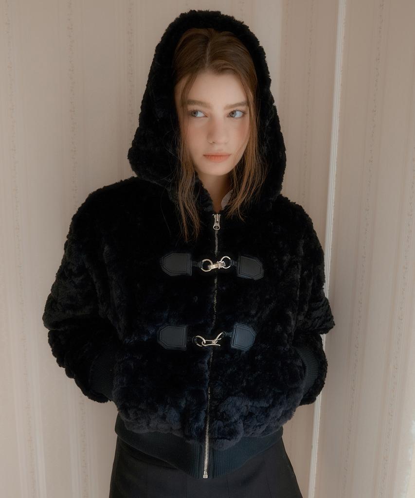 Letter From Moon Twin Buckle Hooded Fur Jacket (Black)