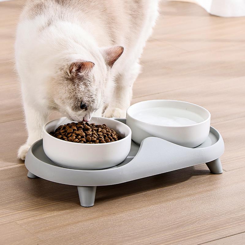 Ciotola Doppia in Ceramica per Gatti - Design Rialzato, Antiscivolo, Anti-Ribaltamento per Cibo e Acqua