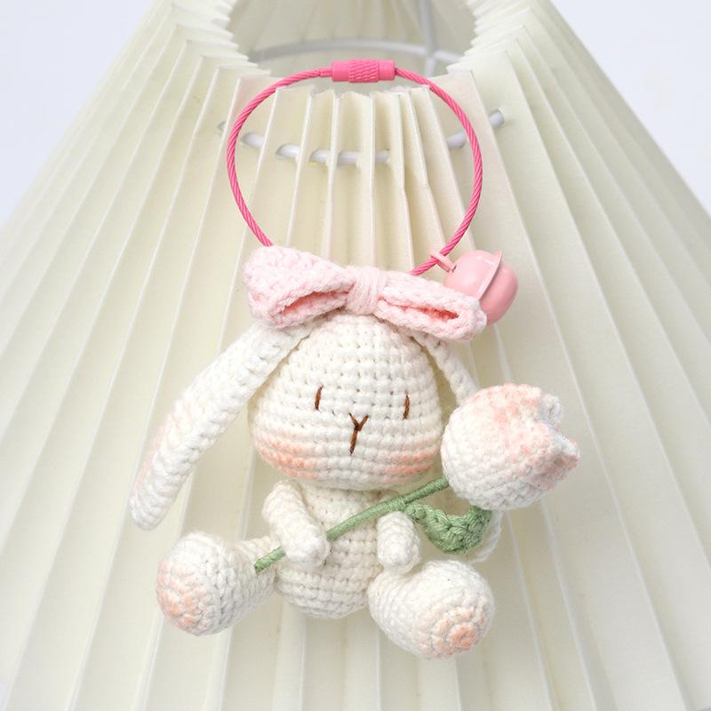Cartoon Crochet Tulip Rabbit Doll Key Chain Pendant Home Room Decor Cute Handmade Knitted Animal Rabbit Ornament Christmas Gifts
