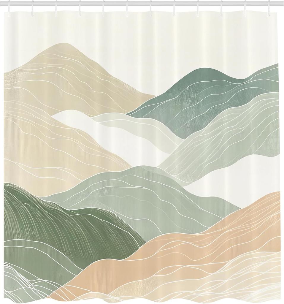 Neutral Shower Curtain, Abstract Pencil Painting Print of Mountains with Harmonious Pastel Tones, Cloth Fabric Bathroo