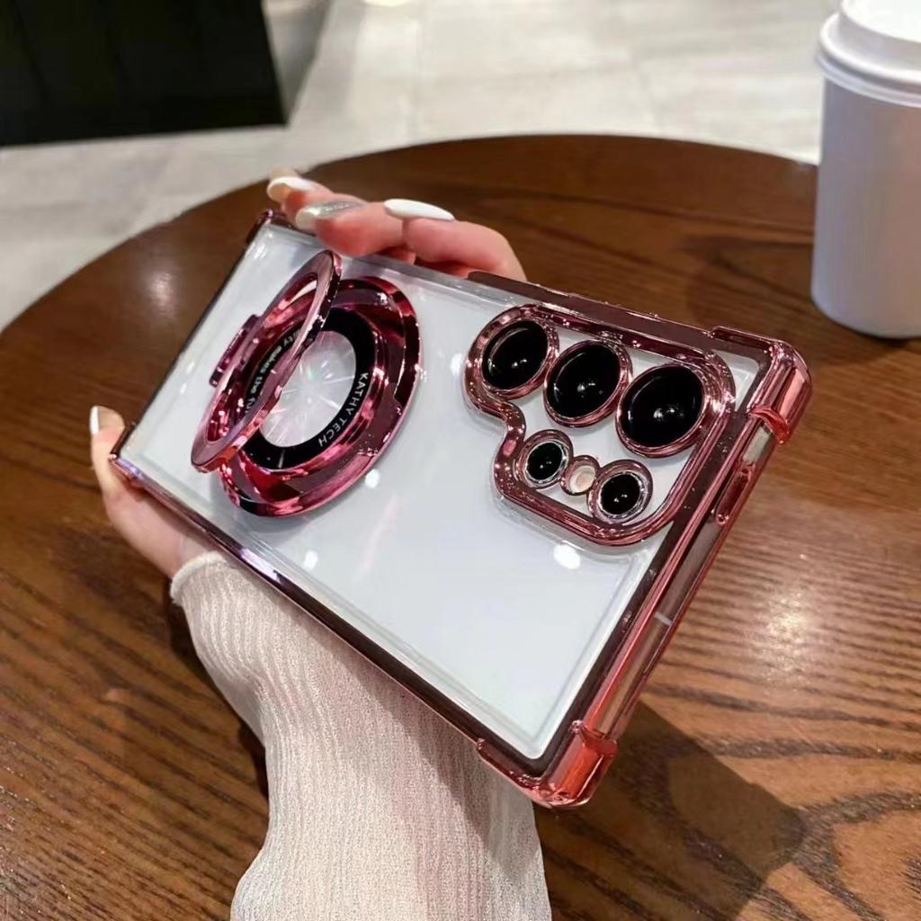 Suitable for Samsung S25Edge Mobile Phone Case Electroplated Magnetic Bracket S23Ultra Four Corner Airbag S24 Transparent New Model