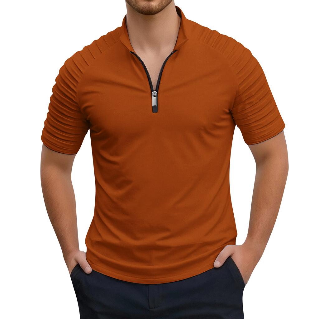Men's Stand Up Collar 1/4 Zipper Striped Top  Men's Casual And Comfortable Short Sleeved Top