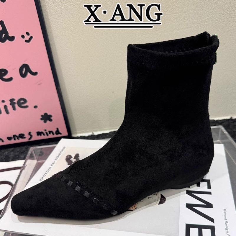 Cowhide version Maillard boots women's elastic thin boots Martin boots women's small square head rear zipper short boots fashion boots