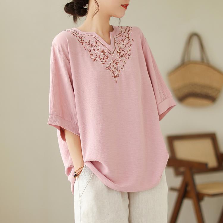 

Летняя женская блузка большого размера с вышивкой в ​​этническом стиле MOJTA, футболка с v-образным вырезом и короткими рукавами one size розовый