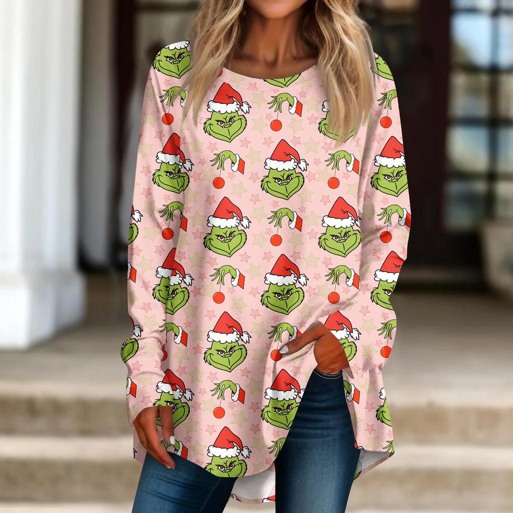 Damen Weihnachtsdruck Langarmshirt Rundhals Pullover T-Shirt Top Pullover