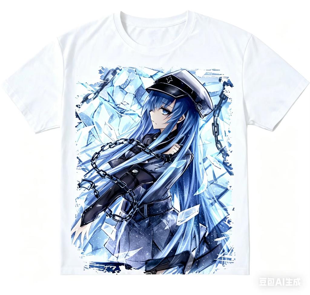 2026 Akame ga Kill! Schwarzes reines Baumwoll-T-Shirt mit Druckmuster des Esdeath Ice Power Poster Art