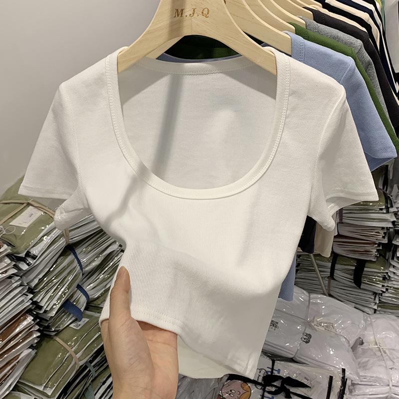 Pure Desire Chic U-Neck Navel-Exposing T-Shirt - Sexy, Tight, Elastic Short-Sleeve Top for Women