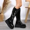 Fashion Women's Boots Black Platform Wedges Shoes for Women Autumn Winter Gothic Botas High Heels Metal Chain Punk Style Knee High Boots