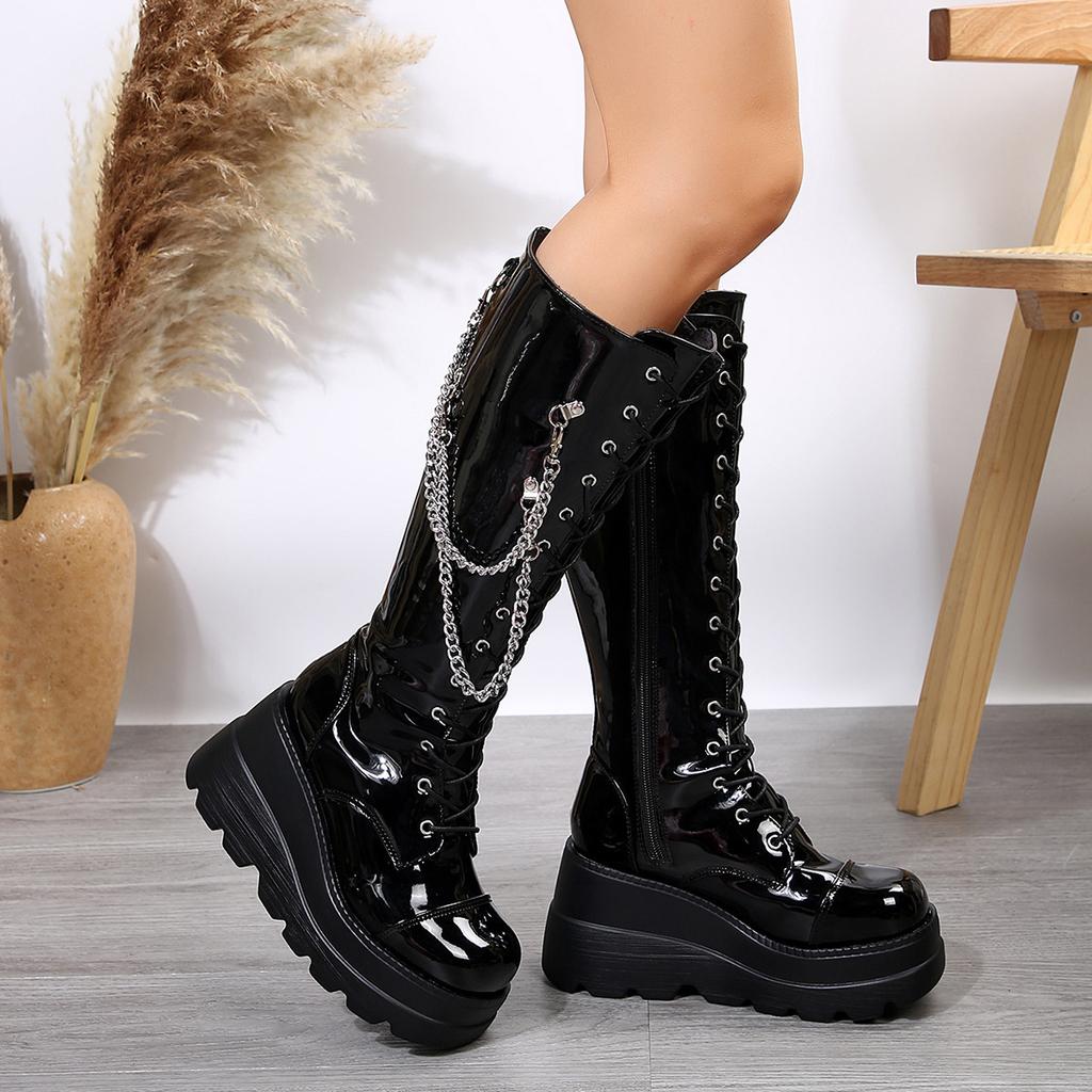 Fashion Women's Boots Black Platform Wedges Shoes for Women Autumn Winter Gothic Botas High Heels Metal Chain Punk Style Knee High Boots