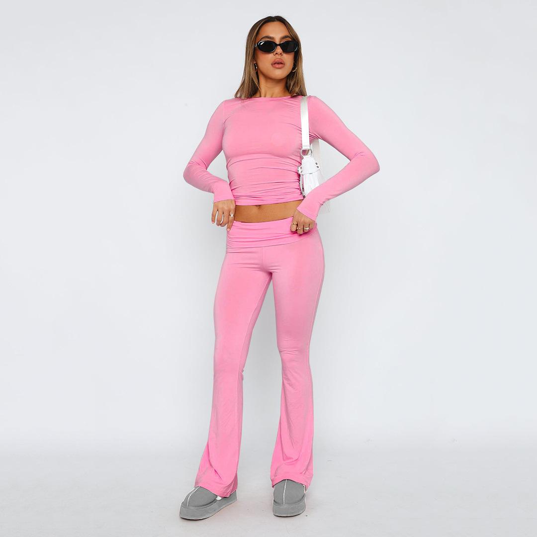 

Women s Set Casual Sports Comfortable Slim Solid Color Long-sleeved Round Neck Navel-baring T-shirt Low-waist Flared Pants 2-piece Set Clothes Sale XS розовый