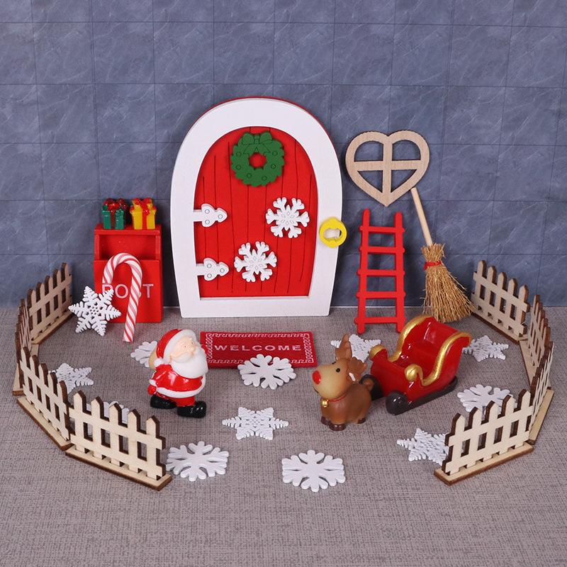 Christmas Wooden Elf Fairy Door Kit Tiny with Christmas Decoration Accessories for Mini House Furniture Christmas Decoration