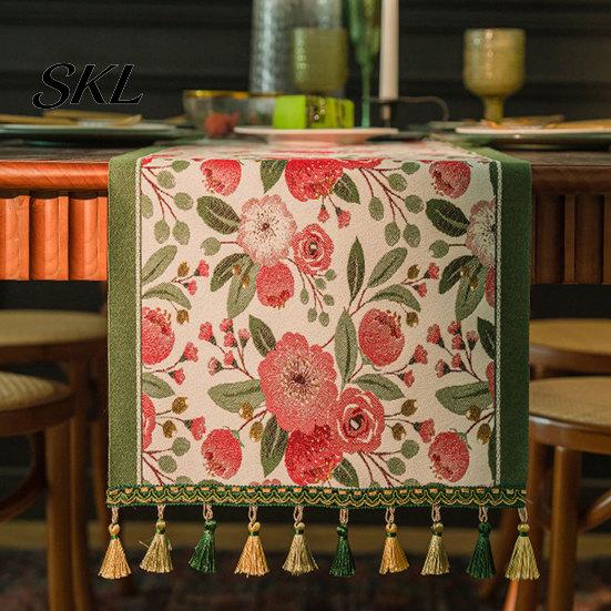 Elegant Dining Table Decor Jacquard Floral Runner, Vintage Peony Farmhouse Runner with Tassels for Home Wedding Party Tassel Edge