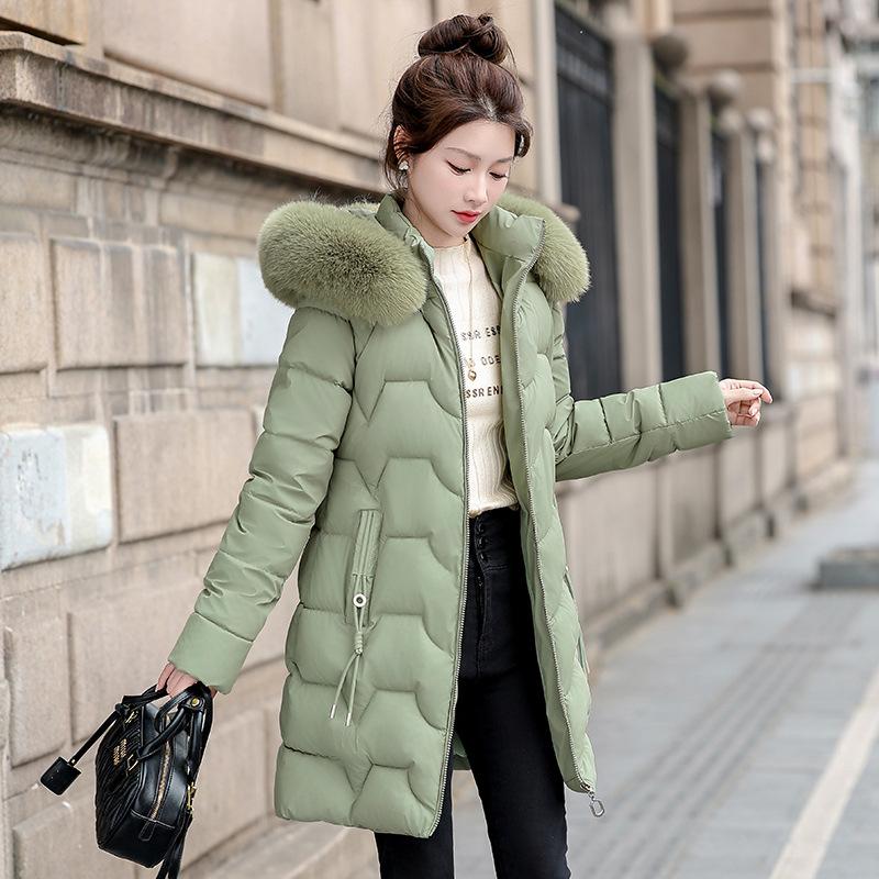 2025 winter big fur collar slim and thin medium and long cotton clothes women's thickened warm foreign gas jacket cotton clothes