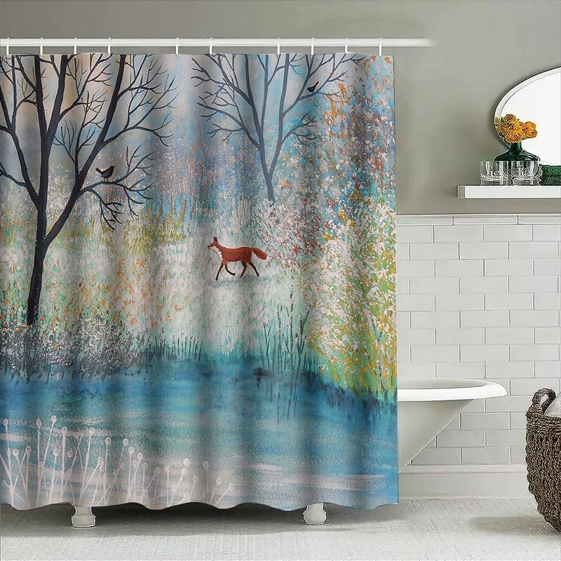 Forest Fox Shower Curtain Woodland Animal Nature Scenic Bathroom Decor Artistic Wildlife Tapestry Home Decor Farmhouse Style