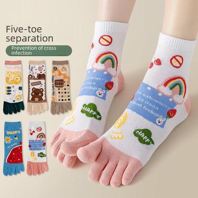 Niedliche Baumwollsocken mit fünf Zehen und Cartoon-Motiven für Damen – atmungsaktiv, schweißabsorbierend, antimykotisch, ideal für Frühling/Sommer, mittellanges Rohr