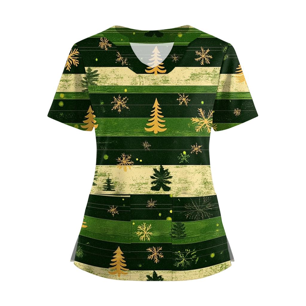 Women's Short Sleeved Christmas Printed V-neck Buttonable Side Slit Top T-shirt