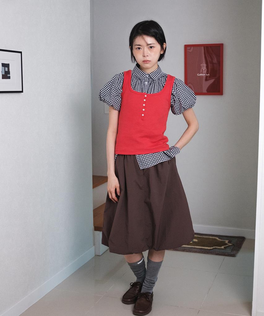 Cotton Bell Shirred Balloon Skirt - Brown