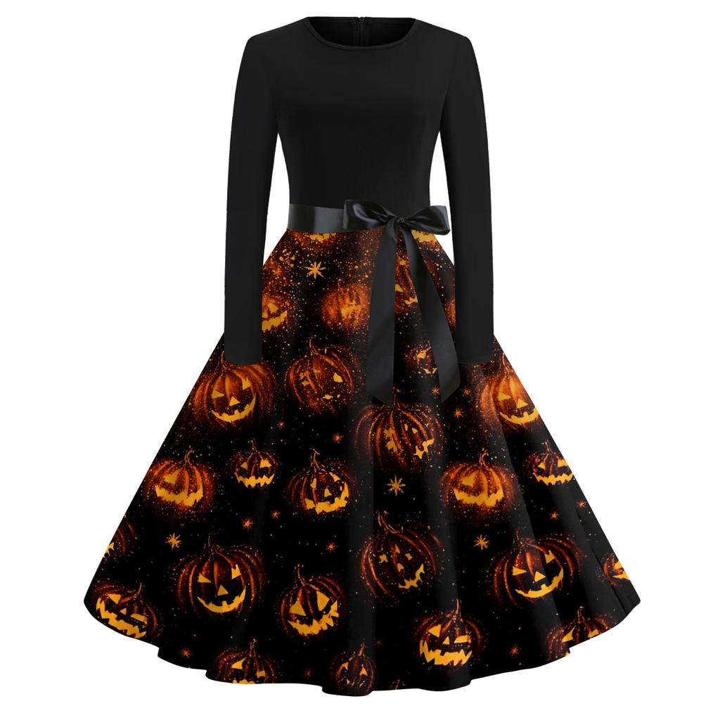 Women's Vintage Halloween Print Round Neck Casual Dress for Everyday Wear