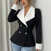 Women S Black White Contrast Lapel Double Breasted Slim Fit Blazer