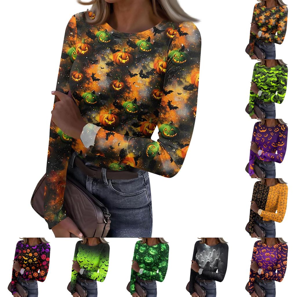 Women Casual Long Sleeve Ribbed Knit Top Crew Neck Halloween Print Slim Fit Stretchy Pullover Shirt for Fall and Winter