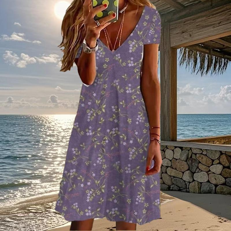 Summer Fashion Women's V Neck Short Sleeve Retro Flower Butterfly Printed  Dress Sex Short Skirt Dresses