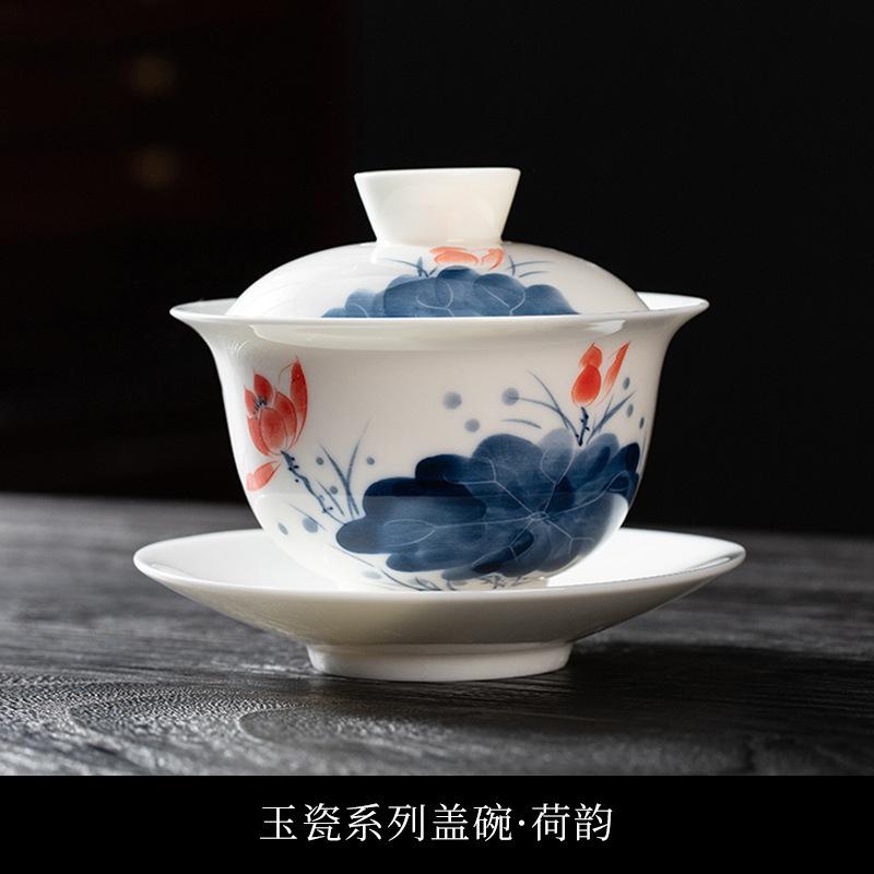Hand-Painted White Porcelain Cover Bowl Teacup Single High-Grade Ceramic Sancai Tea Bowl With Cover Large Non-Hot Kung Fu Tea Set