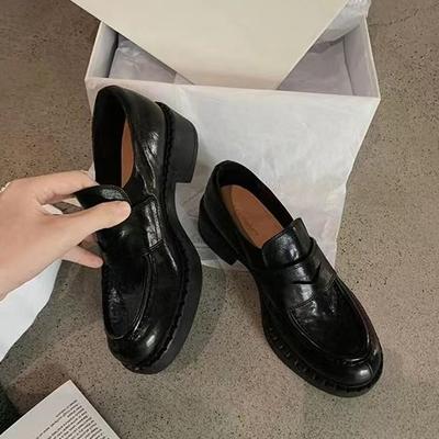 Mocasin Retro Toamnă Femei Toe Rotund Piele Moale cu Toc Gros Culoare Strugure