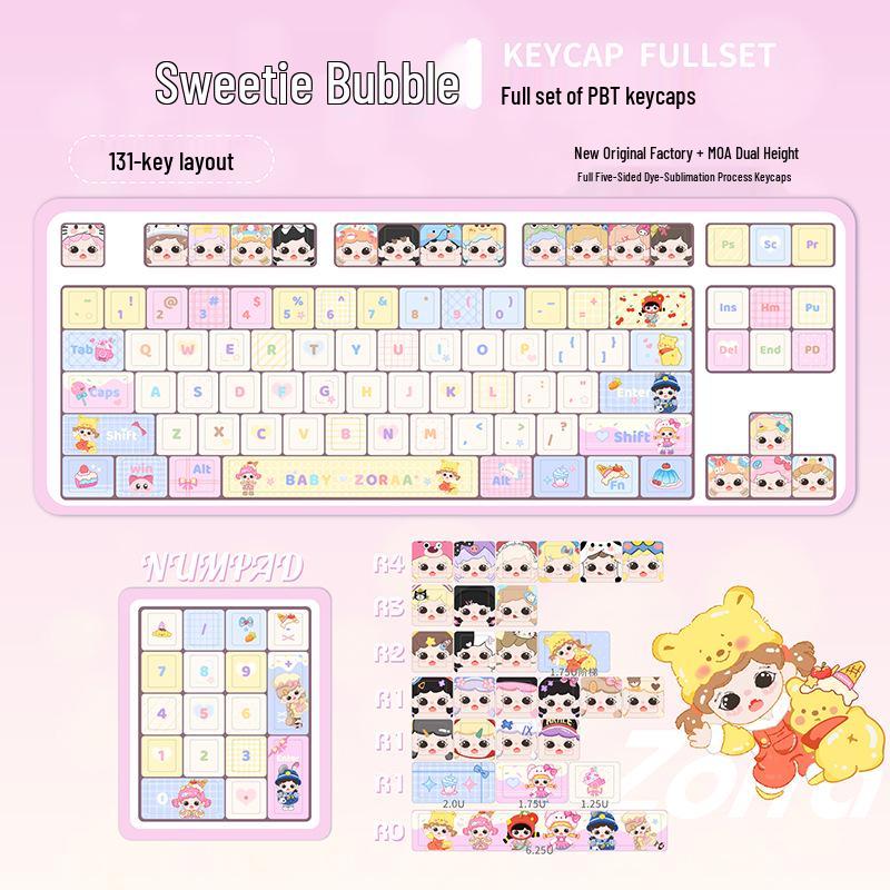 Sweetheart Bubble Cute Girl Keycaps, PBT Dye-Sublimation, MOA Profile, Compatible with Keychron, Razer, Logitech