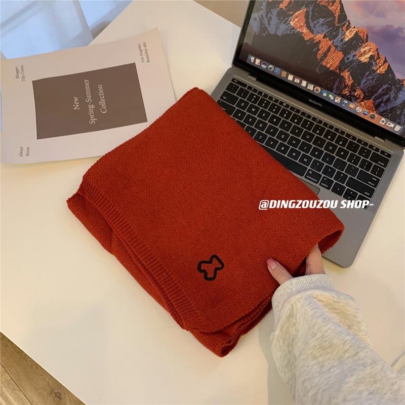 Cute bear embroidered knitted scarf female autumn and winter versatile student warm solid color scarf male