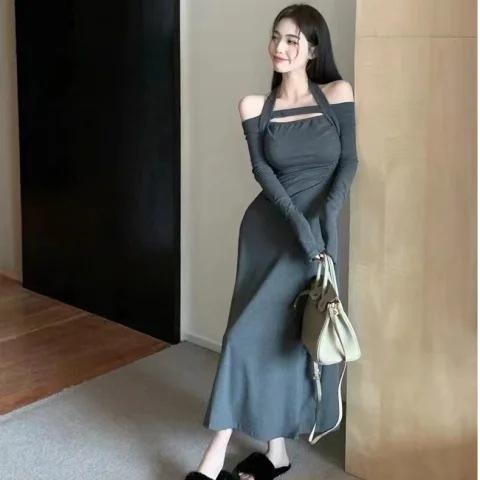 Sexy Pure Desire Style Spice Girl Long-sleeved Dress Women's Autumn New One-word Shoulder Neck High Waist Medium and Long Skirt Tide