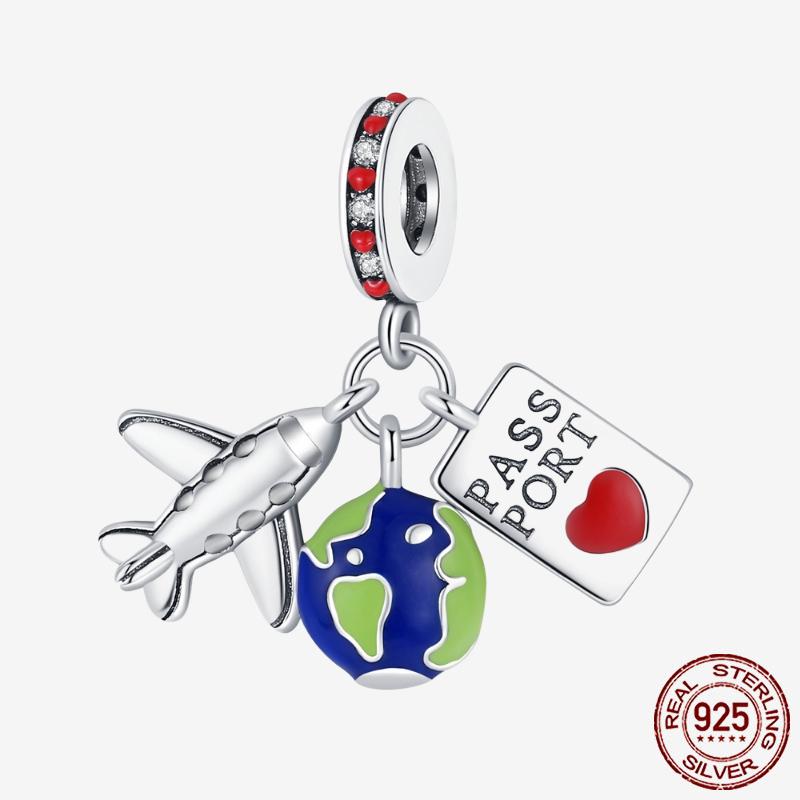 

World Travel 925 Silver Camera Airplane Suitcase Dangle Charms Fit Bracelet Beads Jewelry DIY Travel Gift