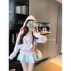 Kumikumi Sweet Sexy Wooden Ear Hooded Outwear Women's Underwear Spaghetti-Strap Slip Autumn White Short Skirt Three-Piece Set