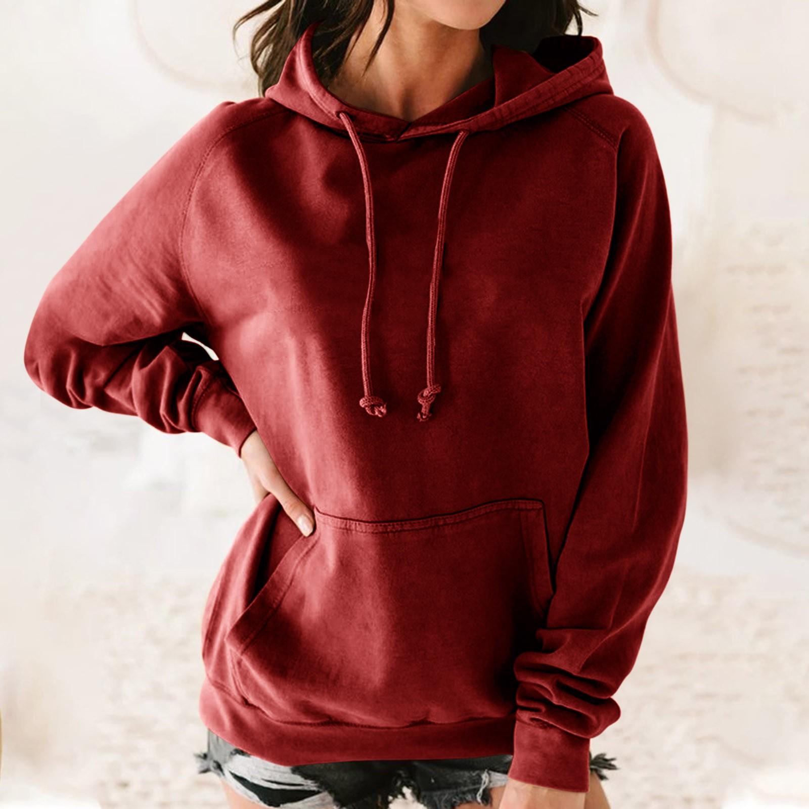 

Женская мода для отдыха, однотонный пуловер с длинными рукавами и карманами с капюшоном XXXL винный