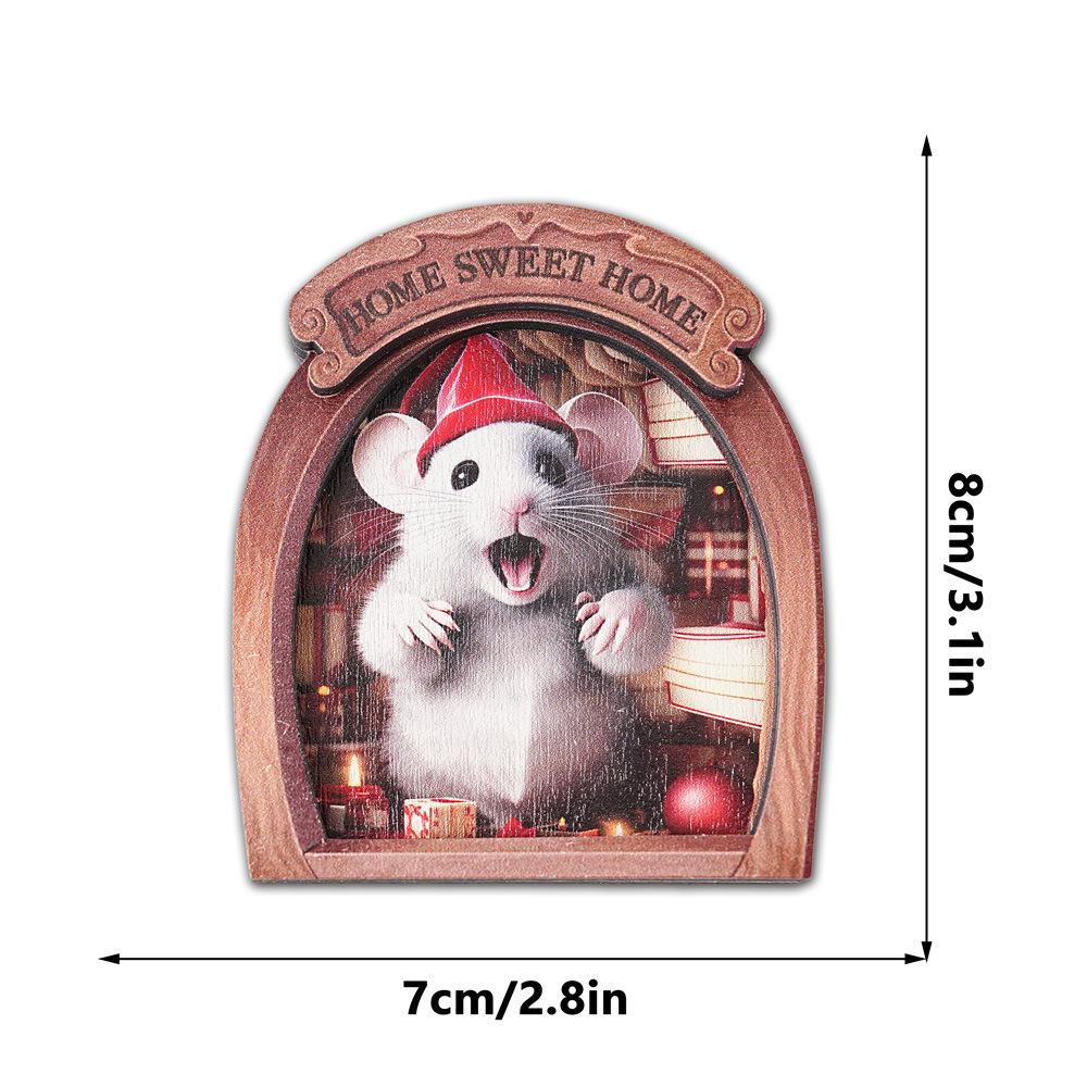 MZCT181-192 3D Wooden Christmas Mouse Hole Refrigerator Magnet & Memo Holder