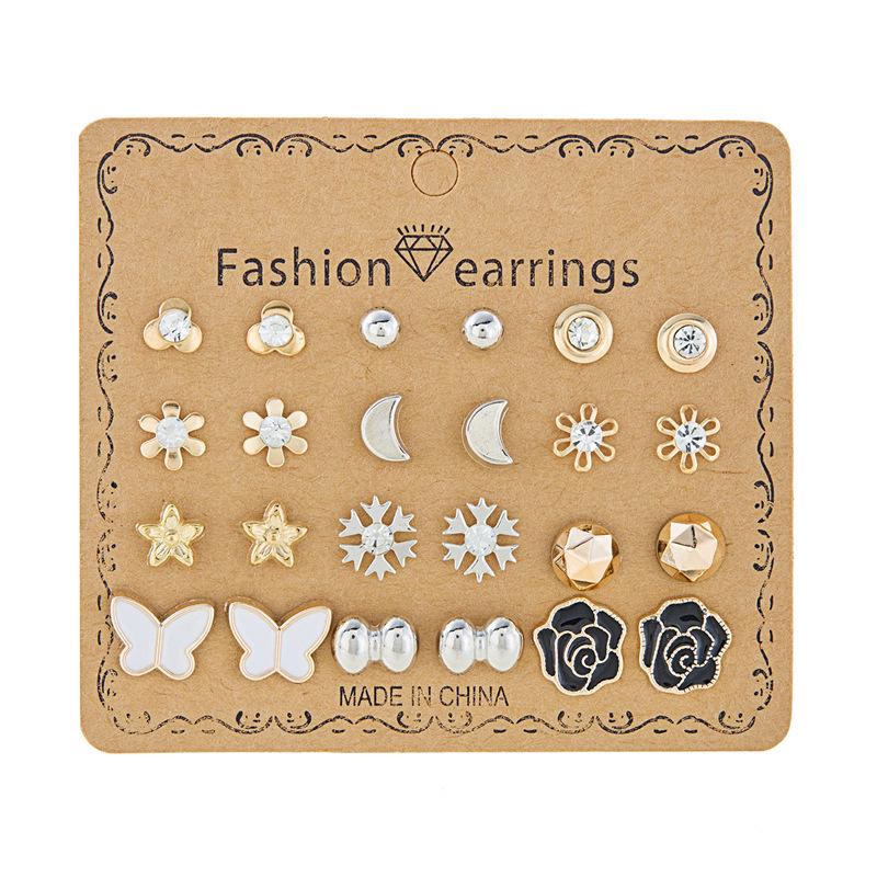12-Pair Rhinestone Stud Earrings Set: Flower, Heart, Star & Moon Designs