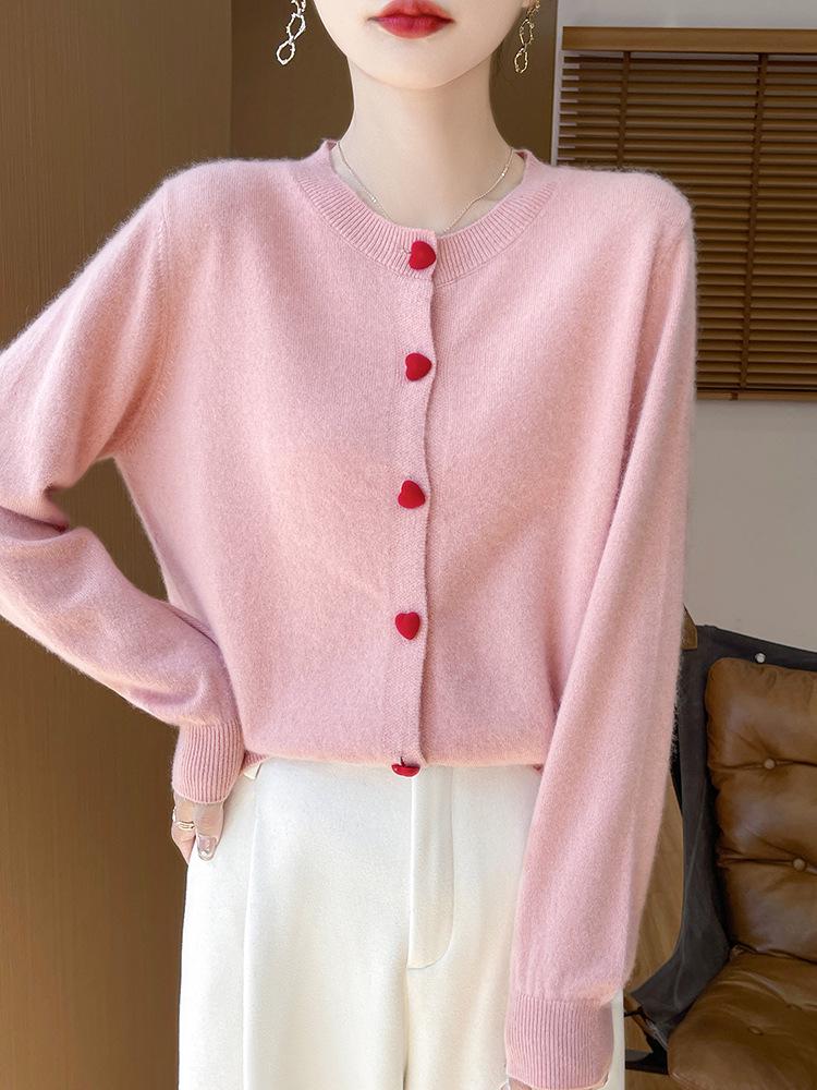 Autumn/Winter Women's 100% Pure Wool Heart Knit Cardigan - Solid Color, Round Neck, Long Sleeve Sweater Coat