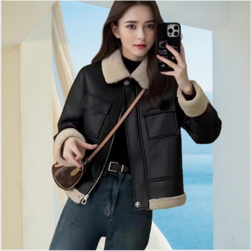 

Женская ретро кожаная куртка осенне-зимняя темпераментная утолщенная комбинированная куртка с лацканами и мехом XXL