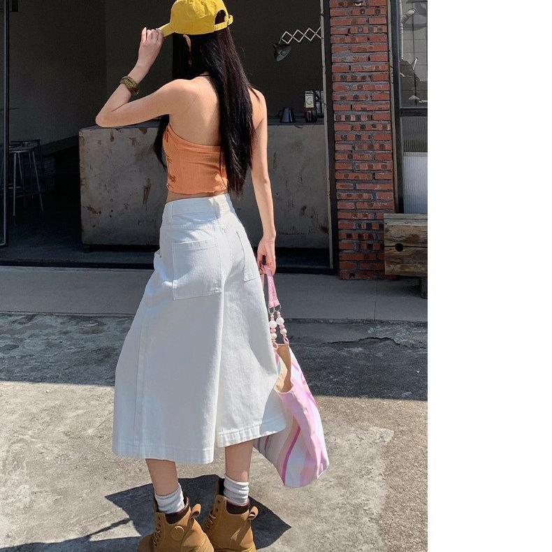 Summer Orange Wide Leg Pants Women High Waist Loose Fit Casual Cropped Jeans