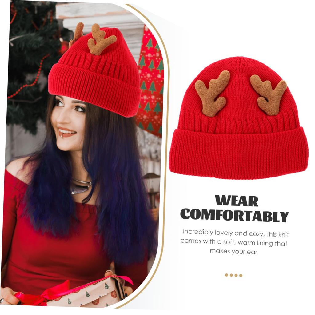 NUOLUX Women's Reindeer Antler Knit Hat, Warm Winter Hat, Christmas Hat, 56-62cm, Red