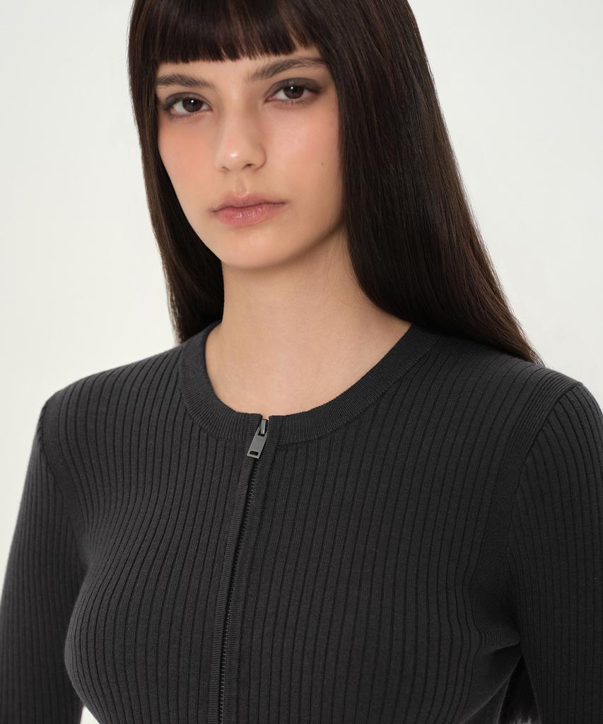 MUSINSA STANDARD WOMAN Women'S Ribbed Slim Round Neck Zip-Up [Dark Gray]
