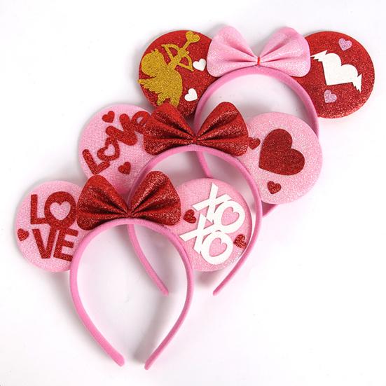 Tiara de Dia dos Namorados Glitter Vermelho Rosa Coração Faixa de Cabelo Brilhante Fofa Acessórios de Cabelo de Orelha para Dia dos Namorados Aniversário Festa de Casamento Fantasia