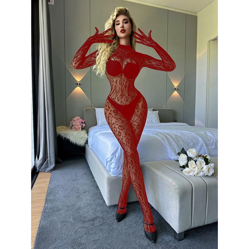 Sex Underwear Sexy Long Sleeve One-piece Mesh Socks Mesh Closed Crotch Perspective