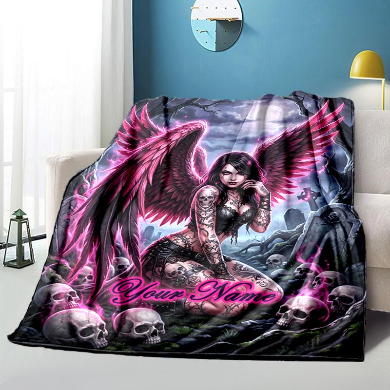 1PC Custom Name Gothic Angel Skulls Night flannel blanket versatile,all-season throw suitable for the living room,bedroom,camping,travel,and gift